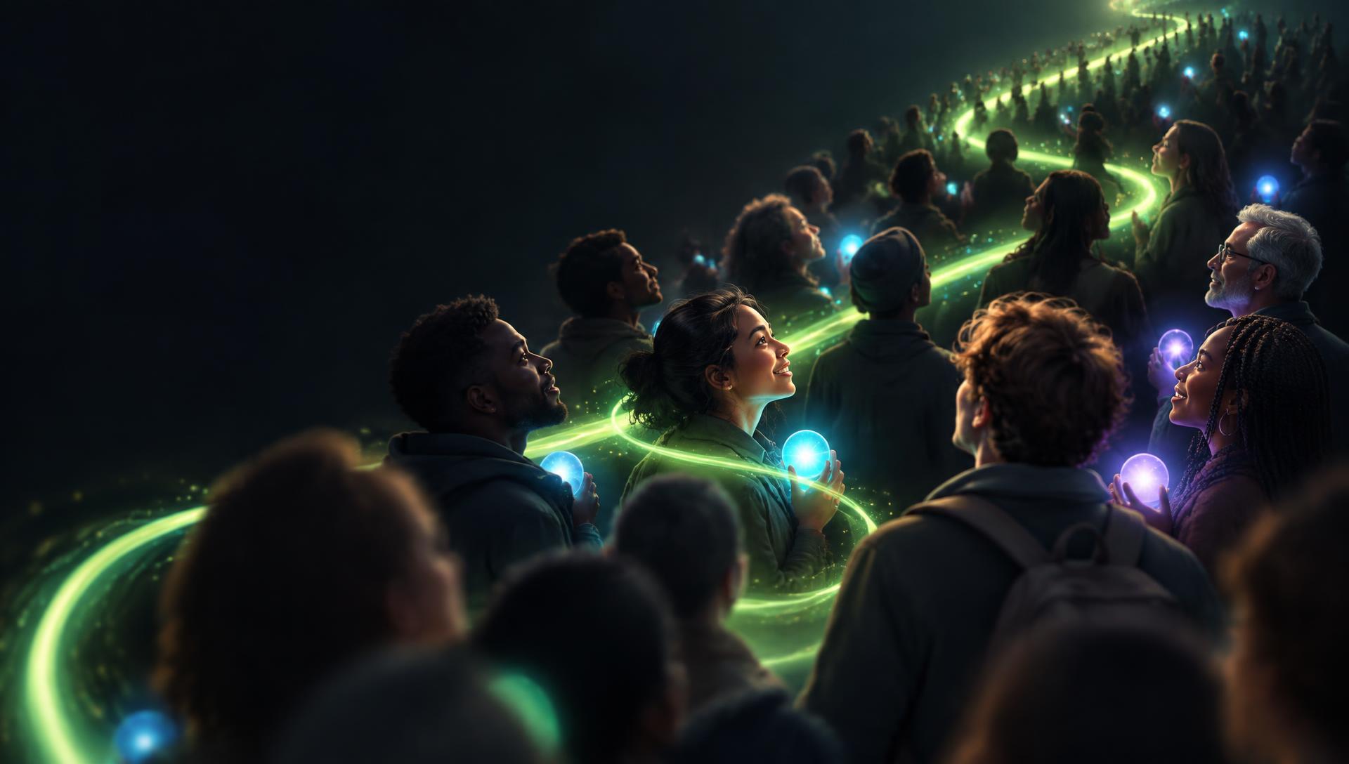 Pessoas diferentes reunidas, olhando para uma faixa de luz que atravessa o grupo e as conecta, cada uma segurando um ponto de luz colorido.