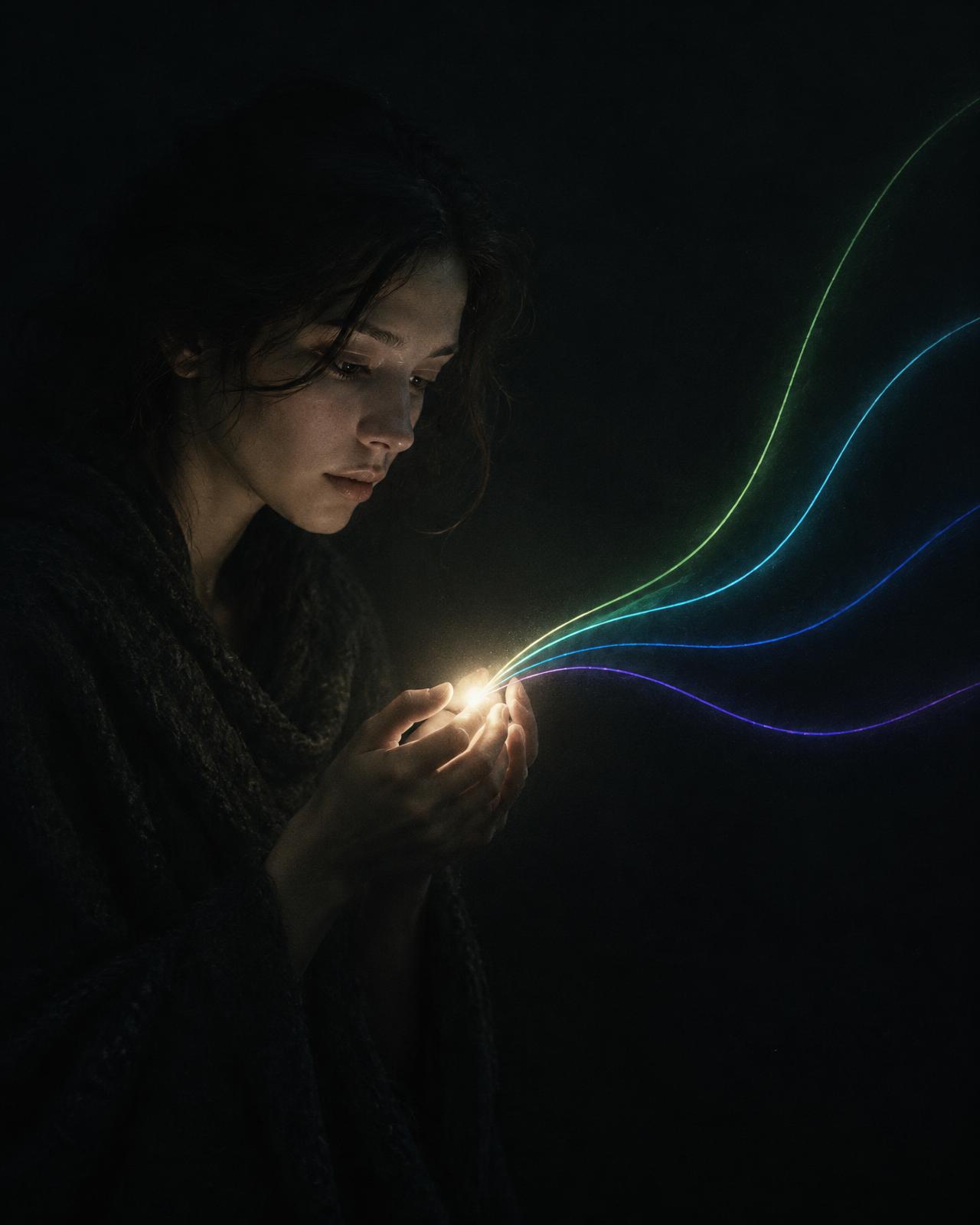 Uma pessoa segura um ponto de luz nas mãos; dele saem quatro fios coloridos que seguem adiante.